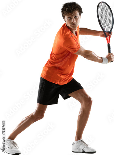 Focused athlete in tennis attire awaiting opponent's serve against transparent background. Athletic male model. Concept of sport, healthy lifestyle, competition, tournament, victory, motion, movement. © Lustre