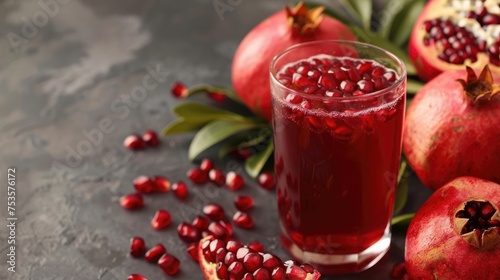 Pomegranate and juice on brown table, close up