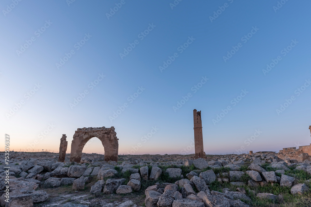 Harran University one of the oldest settlements in the world on the UNESCO World Heritage Temporary List with blue clear sky and night - obrazy, fototapety, plakaty 