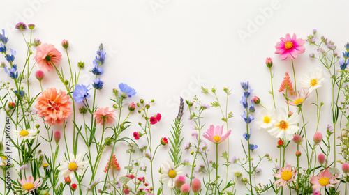 Beautiful, colorful various flowers positioned on a white background showcasing nature's diversity in full bloom