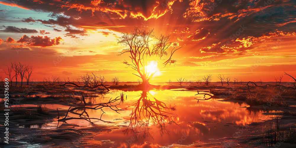 Climate Crisis: Dramatic Sun Setting Over a Scorched Landscape, Prompting Reflection on the Urgent Need for Collective Action to Address Global Warming - obrazy, fototapety, plakaty 