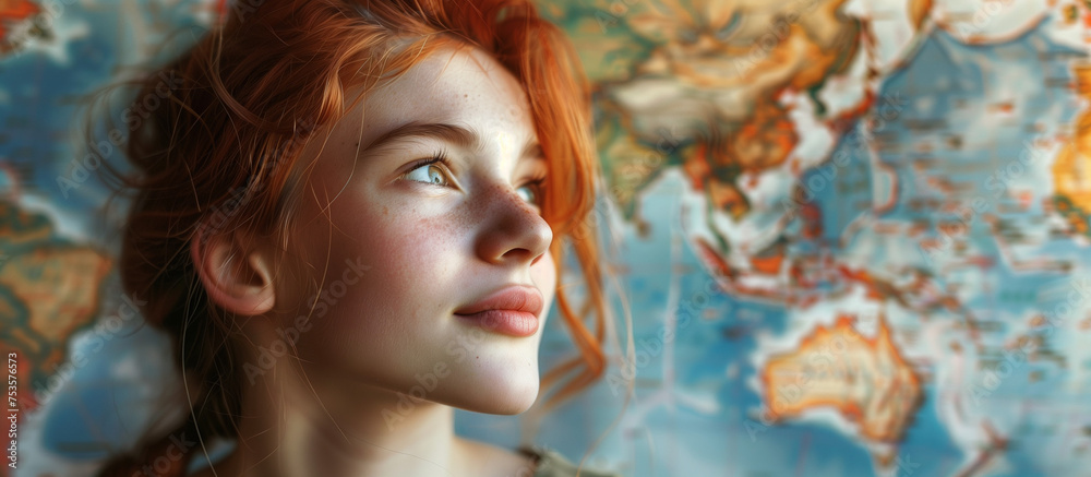 An abstract representation of a redhead blending into an intricate world map, implying a global connection An abstract representation of a redhead blending into an intricate world map, implying a global connection