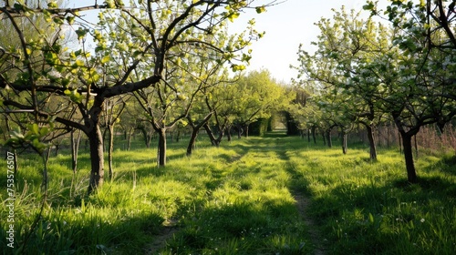 Peach orchard in bloom in spring time 