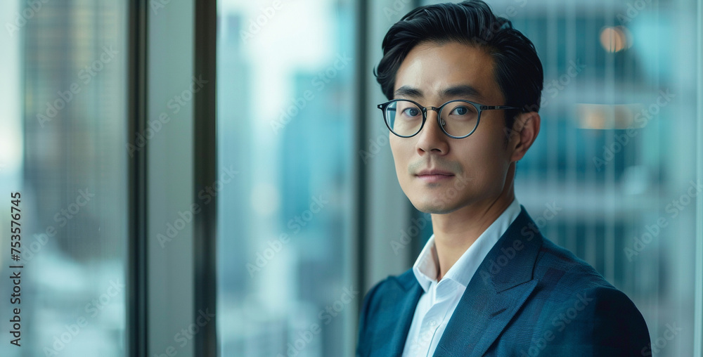 Confident Asian businessman with glasses slick hair by office window modern elegance Confident Asian businessman with glasses slick hair by office window modern elegance