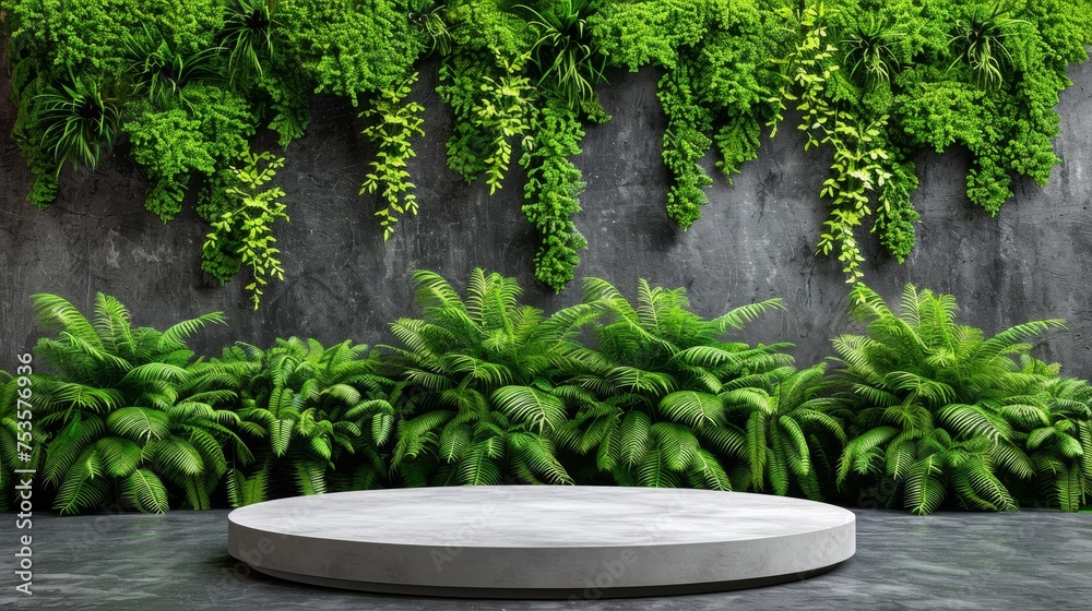 White round podium standing in lush greenery outdoor presentation concept with natural background White round podium standing in lush greenery outdoor presentation concept with natural background