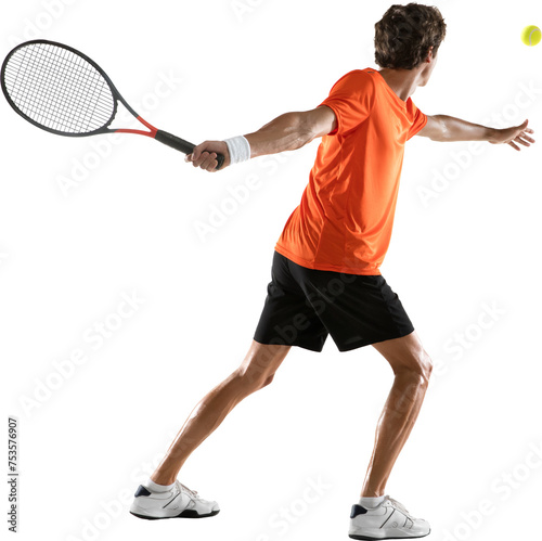 Rear view portrait of focused young man, tennis player preparing to hit tennis ball against transparent background. Concept of sport, healthy lifestyle, competition, tournament, victory, movement. photo