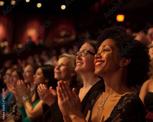 Captivated audience in standing ovation theater aglow with excitement clapping in rhythmic harmony