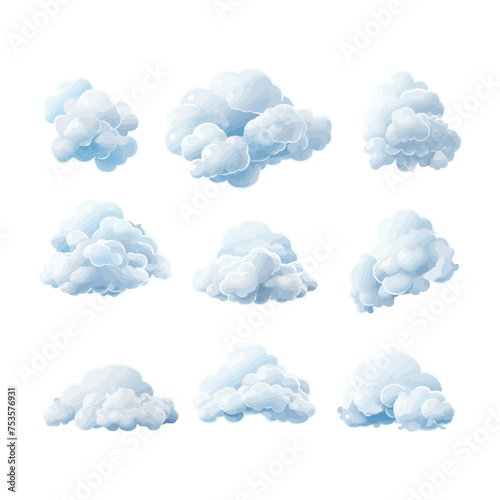 A set of nine different clouds, each with a different shape and size. Vector illustration
