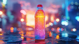 A bottle of soda is sitting on a wet surface, reflecting the lights of the city