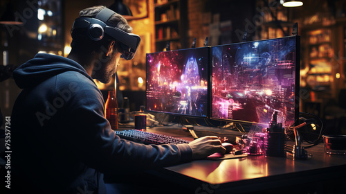 A man using VR for computer gaming.