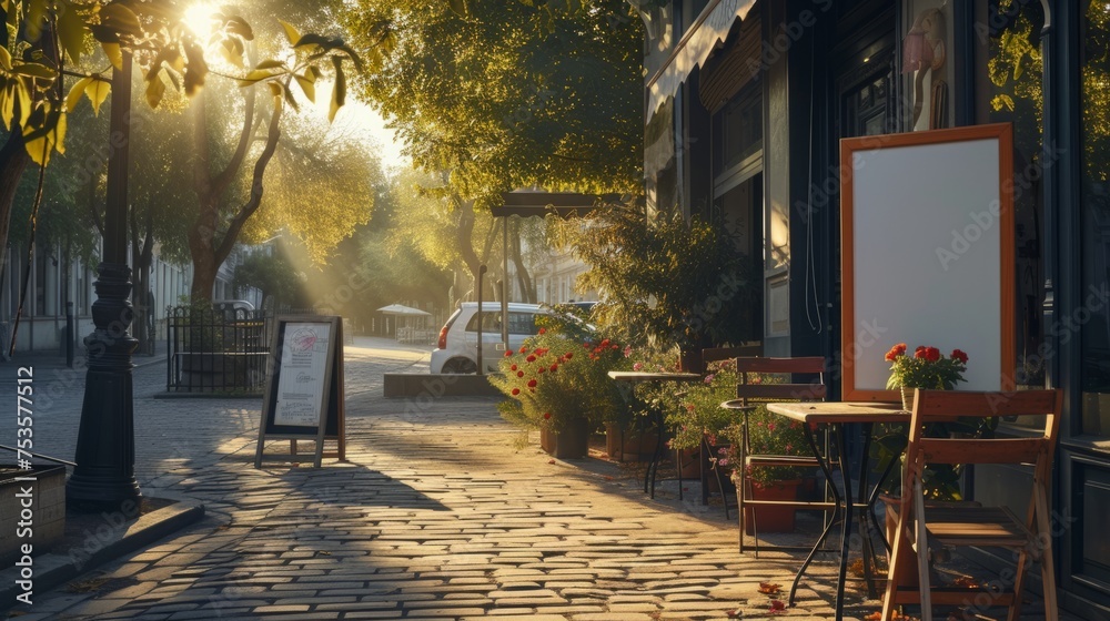 Obraz premium Warm sunlight bathes a cozy sidewalk cafe, highlighting an empty menu frame ready for customization.