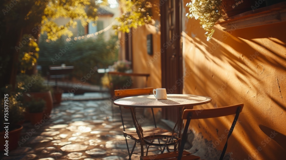 Warm sunlight bathes a cozy sidewalk cafe, highlighting an empty menu frame ready for customization.