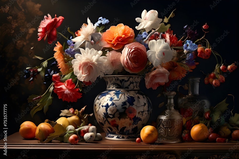 Classic porcelain vase with vibrant bouquet, surrounded by fruits on a wooden table. generative ai
