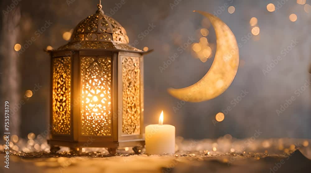 ramadan lantern with candle in a day light lighting and gold crescent moon, with diamond in a light background colors ramadan lantern with candle in a day light lighting and gold crescent moon, with diamond in a light background colors
