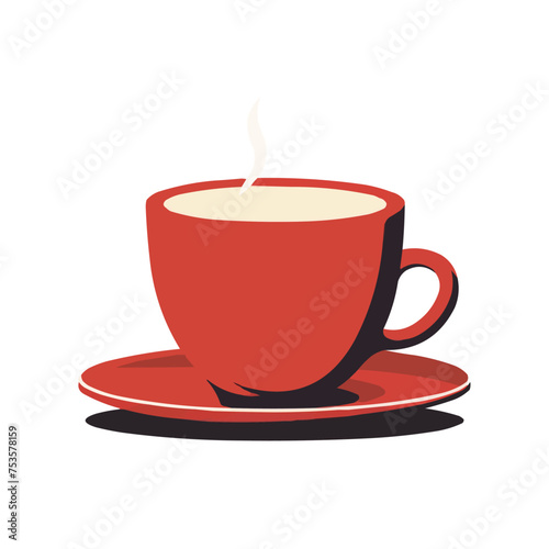 A red coffee cup with steam rising from it sits on a red saucer. Vector illustration