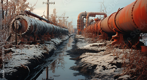 Abandoned industrial pipeline system covered with snow in a desolate winter landscape.