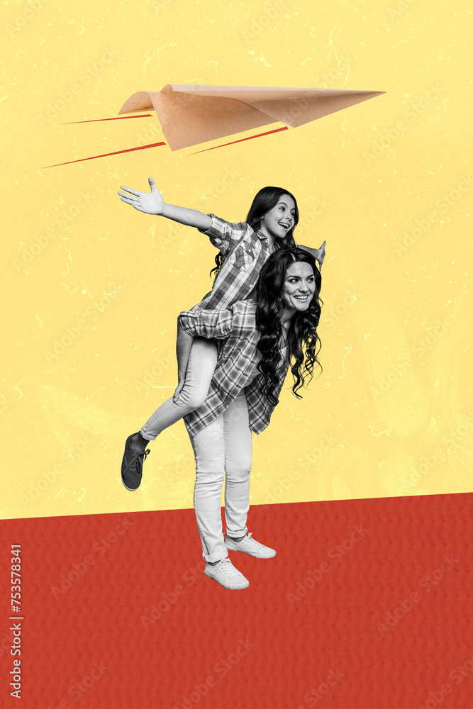 Composite collage image of mom piggyback daughter spread hands plane play together paper plane flying weird freak bizarre unusual Composite collage image of mom piggyback daughter spread hands plane play together paper plane flying weird freak bizarre unusual