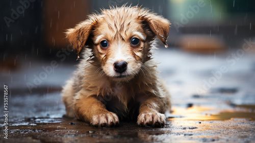 Sad abandoned hungry puppy lies alone on the street in the rain, pet adoption, rescue, helping homeless animals, banner photo