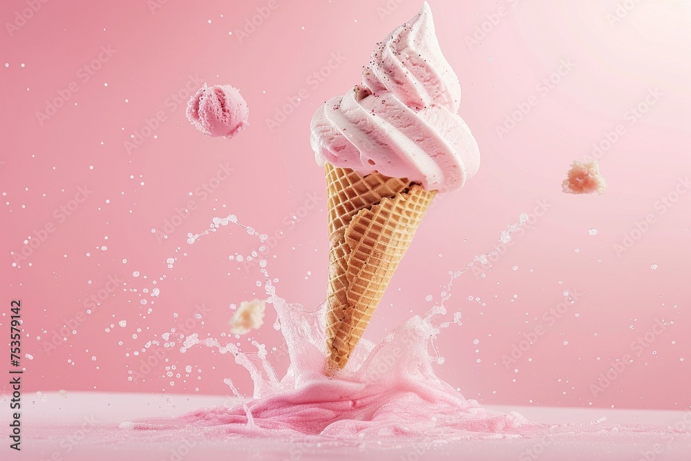 AI Generated creative flying scoop of ice cream in waffle cone on pink background. AI Generated creative flying scoop of ice cream in waffle cone on pink background.