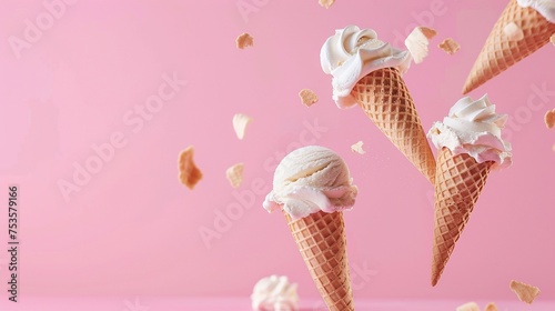 AI Generated creative flying scoop of ice cream in waffle cone on pink background.