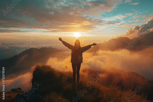 Traveler woman stand on mountain looking on beautiful view with foggy valley and sunbeams on sunset