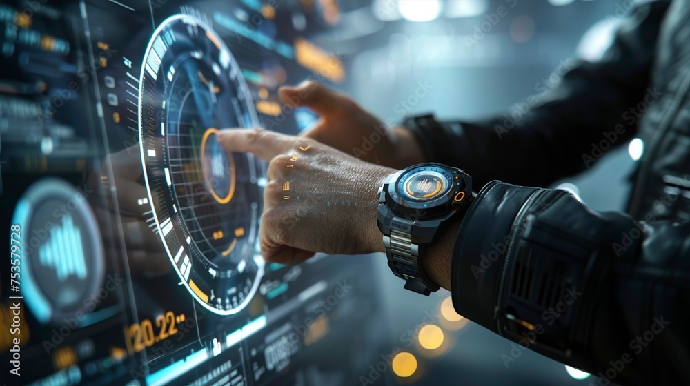 Fototapeta premium A futuristic holographic interface projected from a sleek smartwatch worn on a businessman's wrist, showcasing cutting-edge technology in the palm of your hand.