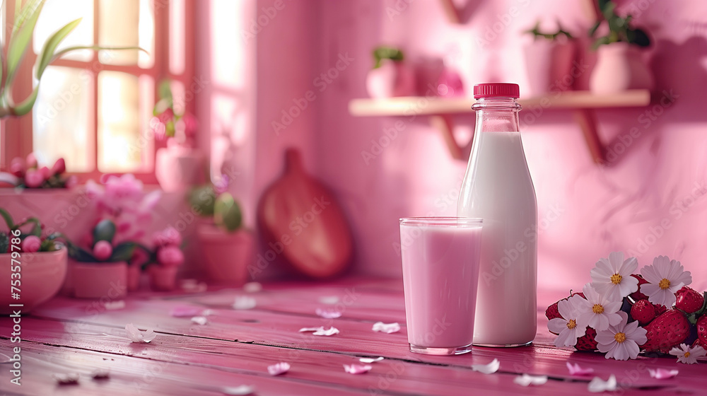 Bottle and glass of milk on wooden table on pink background. Bottle and glass of milk on wooden table on pink background.