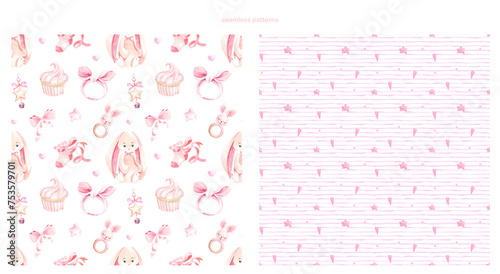 Watercolor pink seamless pattern with cute Bunny, ribbones, bows. gender reveal party. hand drawn illustration, Baby shower clipart. Wrapping paper, for card, fabric, invitation, printing, 