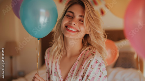 A cheerful blonde woman in pajamas with open arms stands on the bed, surrounded by colorful balloons and confetti. She is smiling joyfully as she celebrates her birthday at home