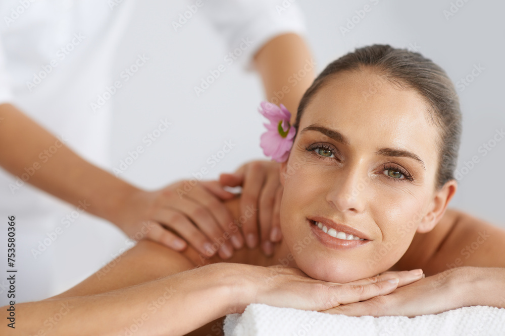 Relax, massage and portrait of woman at spa for health, wellness and balance with luxury holistic treatment. Self care, peace and girl on table for muscle therapy, comfort and zen body pamper service