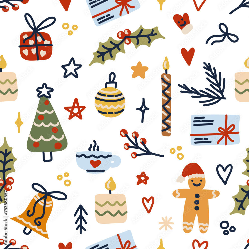Fototapeta premium Seamless pattern with decorated Christmas trees, candles, holly berry and gingerbread man, gift boxe