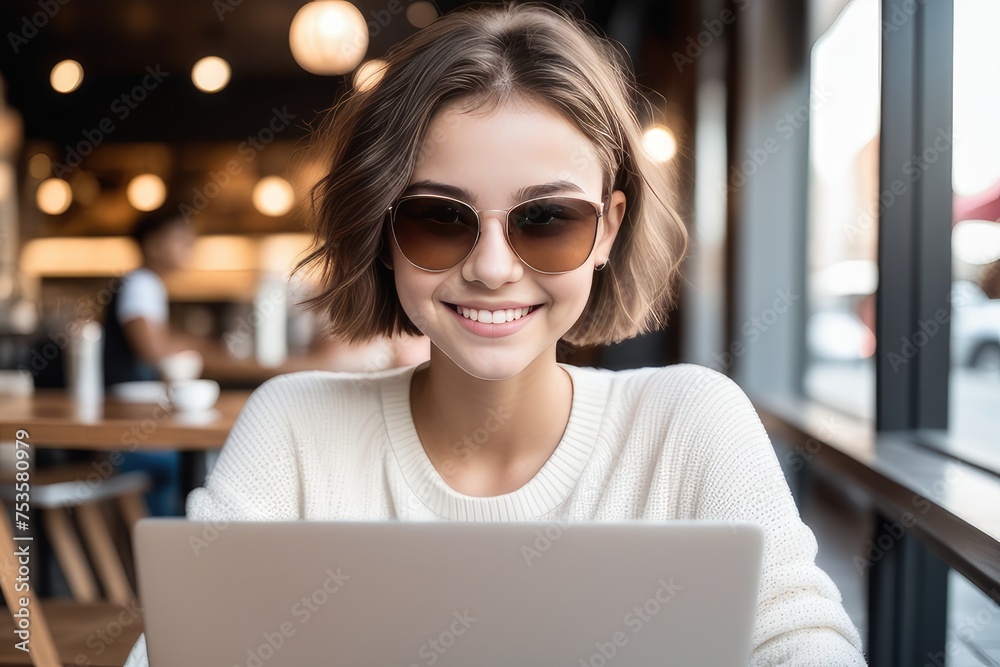 woman with laptop in cafe woman with laptop in cafe
