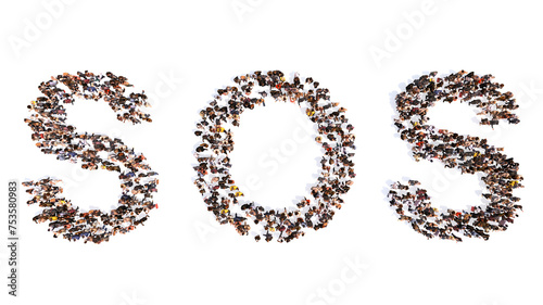 Concept or conceptual large community of people forming SOS message. 3d illustration metaphor for danger, distress, help,  emergency, rescue and assistance, 911