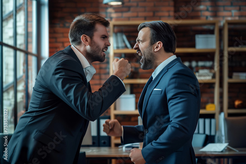 Two men in suits are fighting and shouting at each other in the office