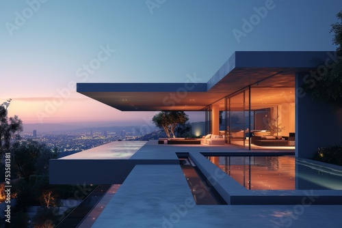 A modern minimalist house illuminated by the twinkling lights of the city below © Boinah