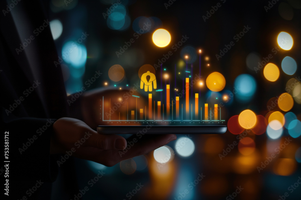 Businessman holding tablet with glowing business graph and bokeh background