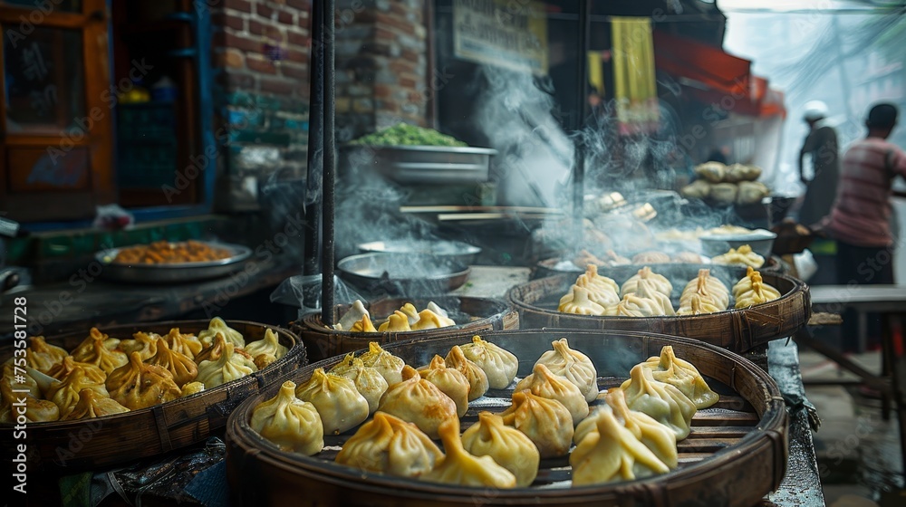 Rustic street kitchen scene with steam wafting from bamboo baskets filled with freshly made steamed dumplings.