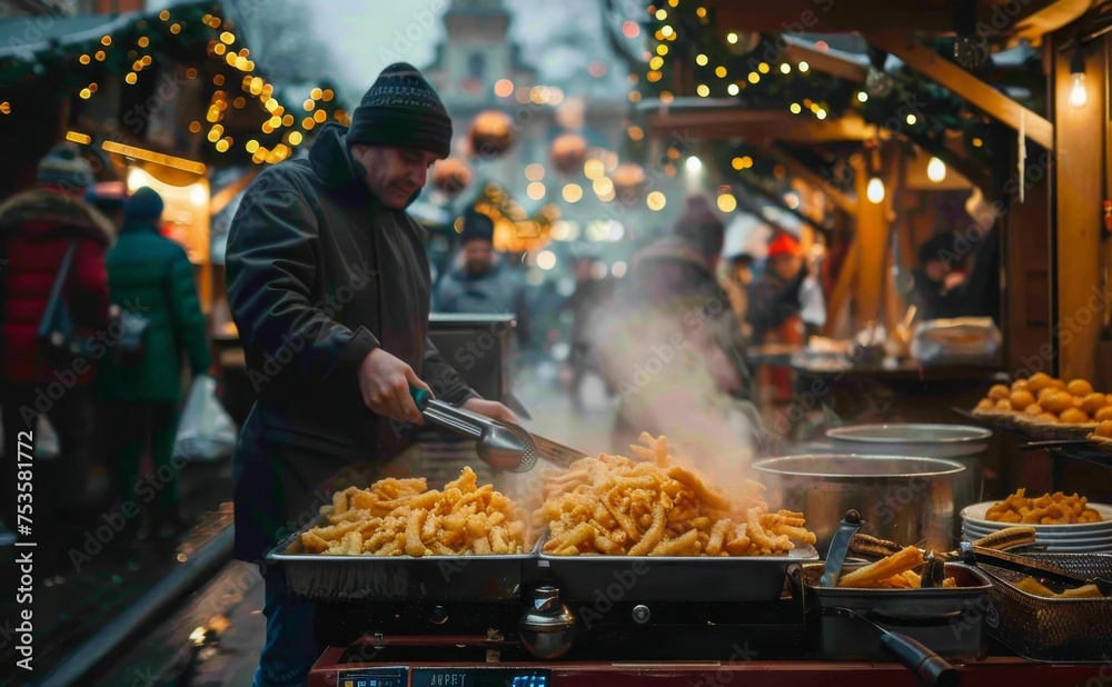 Man frying traditional snacks at a cozy evening street market with festive lights. Man frying traditional snacks at a cozy evening street market with festive lights.