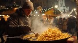 A street vendor in warm clothing prepares churros on a cold evening at a bustling Christmas market.