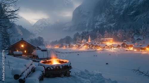 Peaceful twilight settles over a cozy alpine village blanketed in snow, with warm lights glowing softly.