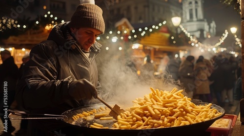Fototapeta Naklejka Na Ścianę i Meble -  A street vendor in warm clothing prepares churros on a cold evening at a bustling Christmas market.