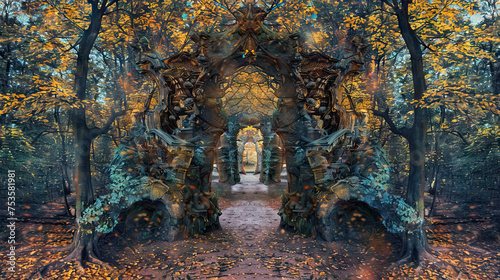 Parallel Realms: Doorways to Different Worlds in a Mystical Forest.