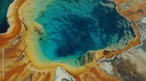 An aerial perspective captures the stunning complexity and vibrant colors of a geothermal hot spring's mineral-rich edges.