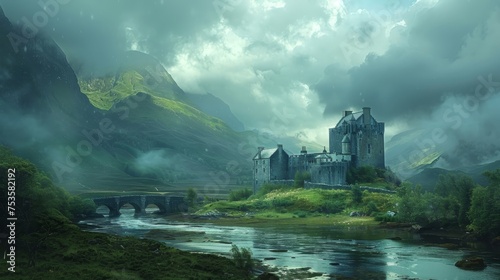 A dramatic Highland castle stands resilient against the gloomy backdrop of rain clouds and mist-shrouded mountains.
