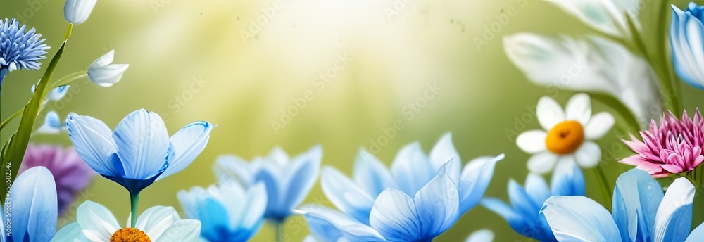 Fototapeta premium Blue flowers on a green background in sunlight, a banner for a website, advertising. Spring, summer