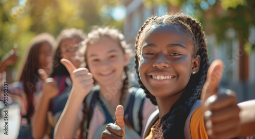 Happy multiracial children with backpacks smiling and showing thumbs up in front of school
