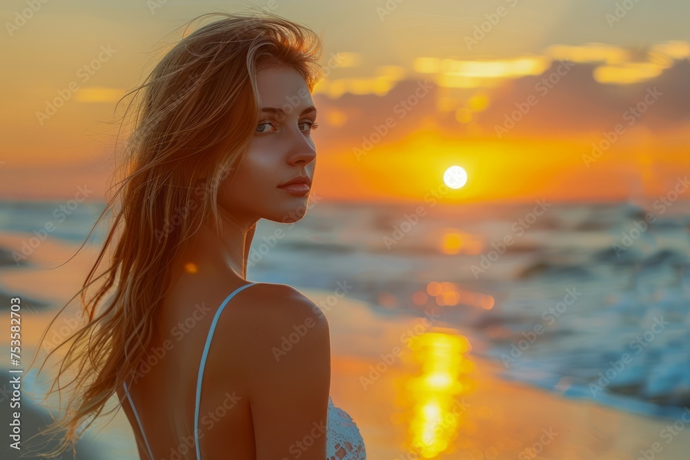 Serene Young Woman Enjoying a Majestic Sunset by the Sea with Waves Crashing on Shore Serene Young Woman Enjoying a Majestic Sunset by the Sea with Waves Crashing on Shore