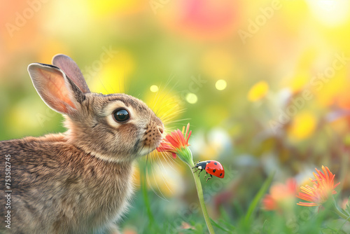 Cute Easter bunny on a bright meadow, in spring flowers. Generative aI