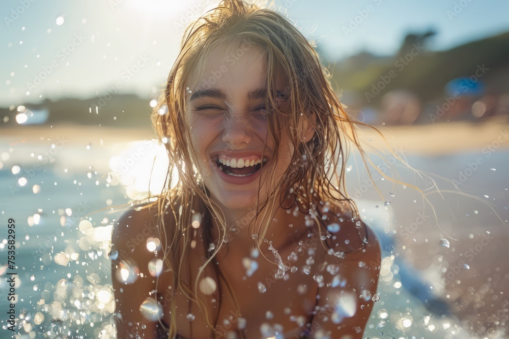 Obraz premium Joyful Young Woman Splashing Water and Laughing on Sunny Beach Day with Glowing Sunlight
