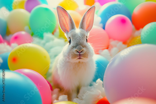 Cute Easter bunny with balloons. Easter party. Generative Ai